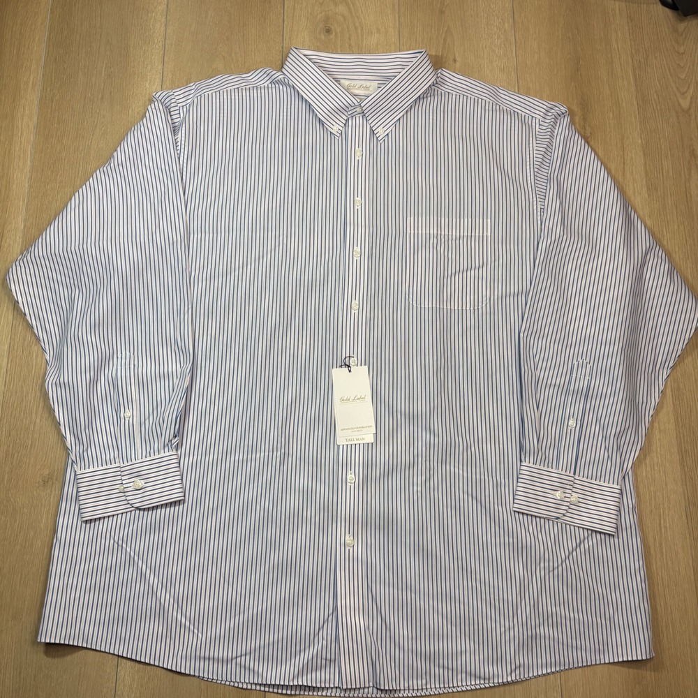 Roundtree & Yorke Gold Label Dress Shirt Mens 20 36/37 Tall Non-Iron Blue Stripe
